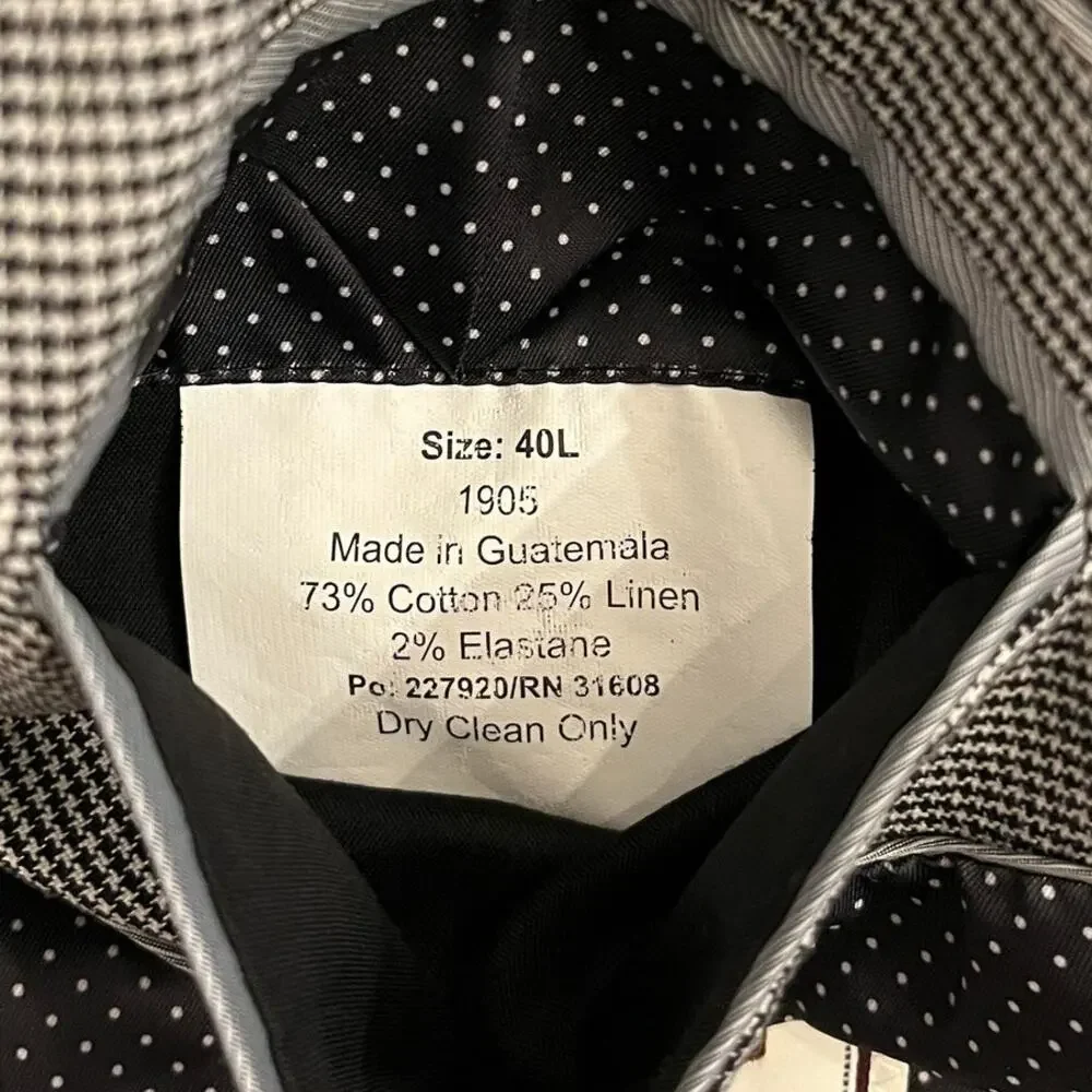 Jos A Bank Linen Cotton Houndstooth Blazer‎ 40L Tailored Fit Elbow Patches Black